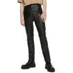 Men Regular Fit Black Leather Trouser Pants