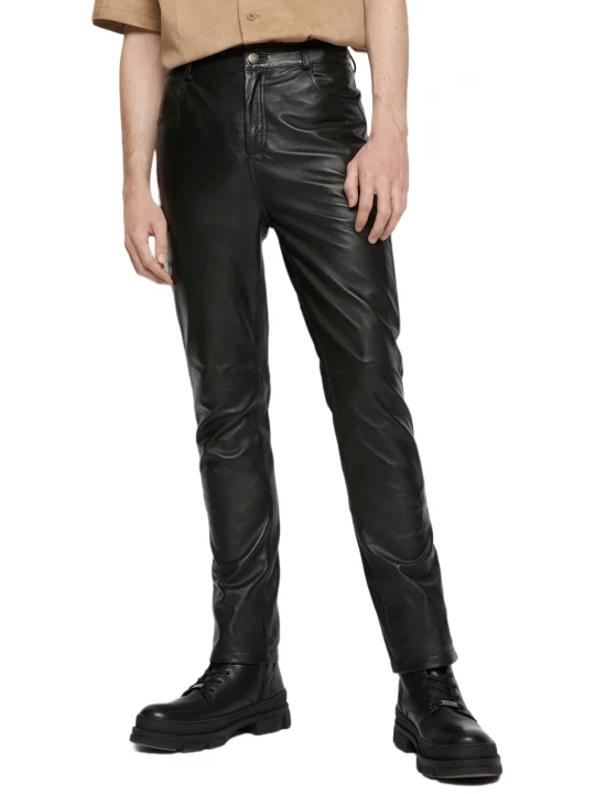 Men Regular Fit Black Leather Trouser Pants