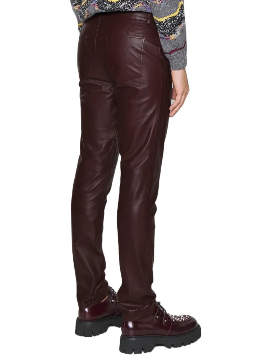 Men Regular Fit Burgundy Leather Trouser Pants