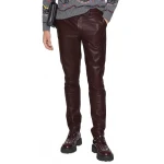 Men Regular Fit Burgundy Leather Trouser Pants