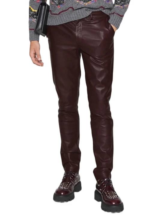 Men Regular Fit Burgundy Leather Trouser Pants