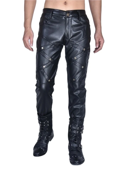 Mens Casual Nightclub Leisure Genuine Black Leather Pants