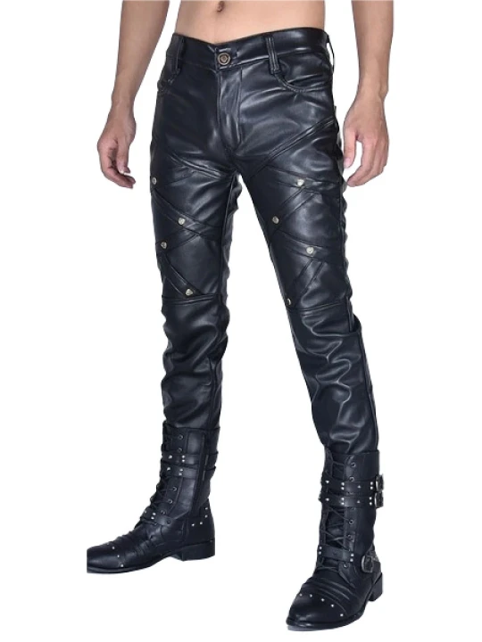 Mens Casual Nightclub Leisure Genuine Black Leather Pants