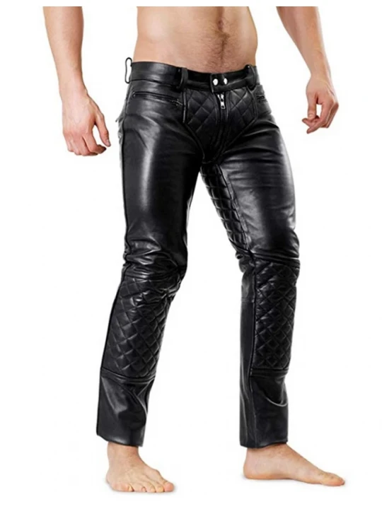 Mens Quilted Tube Style Black Leather Pants