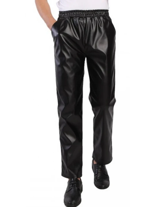 Mens Regular Fit Elastic Waist Black Leather Pants Trousers