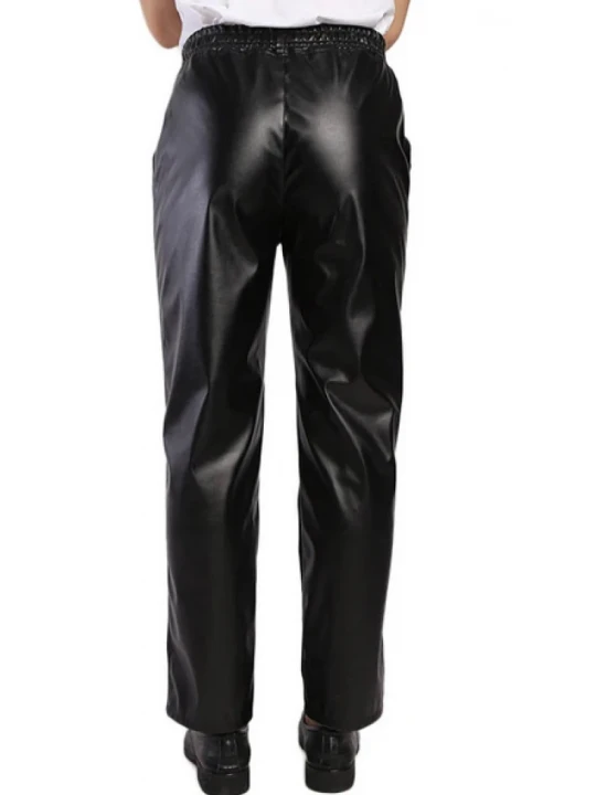 Mens Regular Fit Elastic Waist Black Leather Pants Trousers
