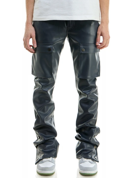 Navy Blue Leather Cargo Trouser