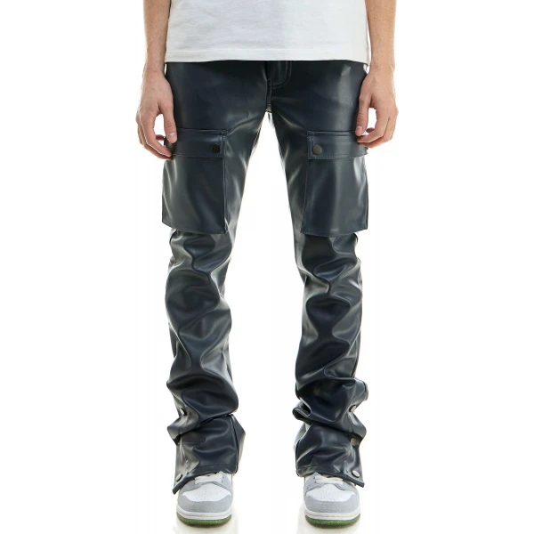 Navy Blue Leather Cargo Trouser