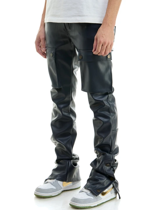 Navy Blue Leather Cargo Trouser