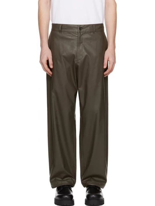 Partially Elasticized Waistband Brown Leather Trousers