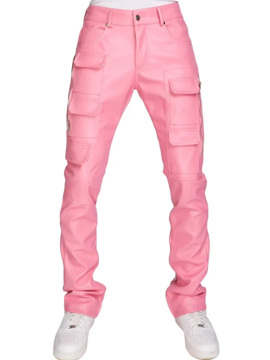Pink Leather Stacked Cargo Pants