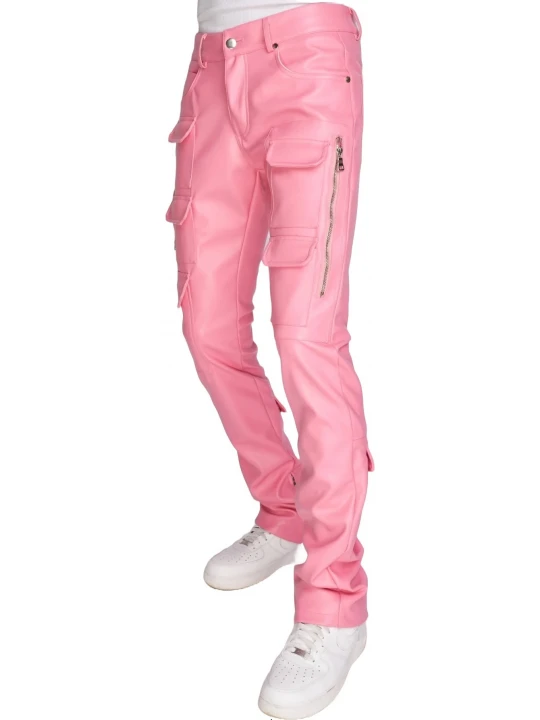 Pink Leather Stacked Cargo Pants