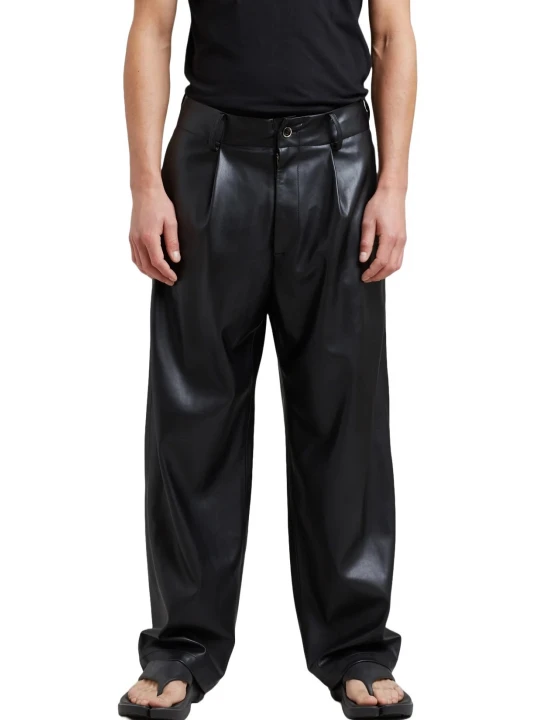 Pleated Black Leather Trousers