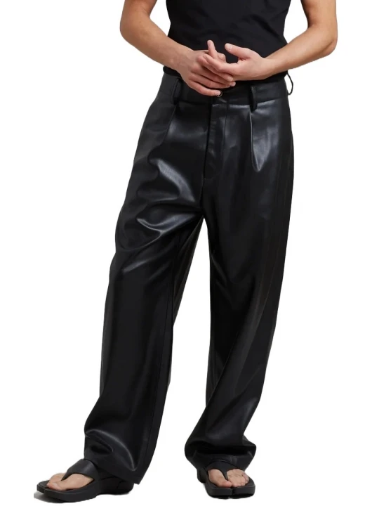 Pleated Black Leather Trousers
