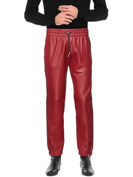 Red Elasticized Waist Leather Joggers