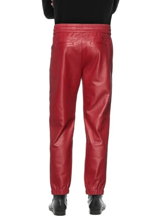 Red Elasticized Waist Leather Joggers