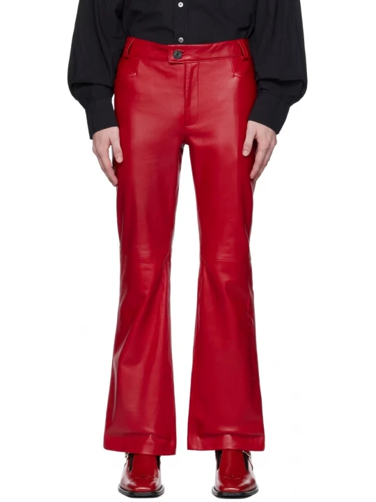 Red Flared Leather Trousers