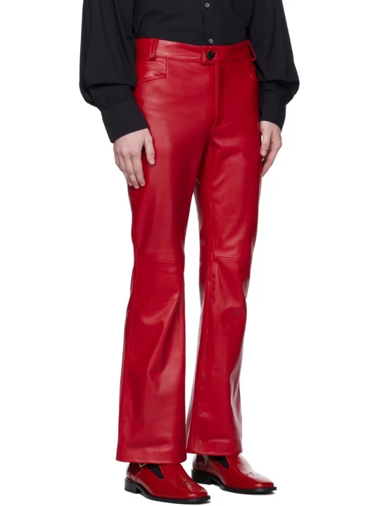 Red Flared Leather Trousers