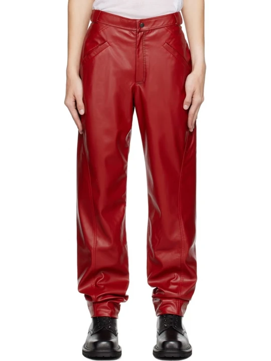 Red Four Pocket Leather Trousers