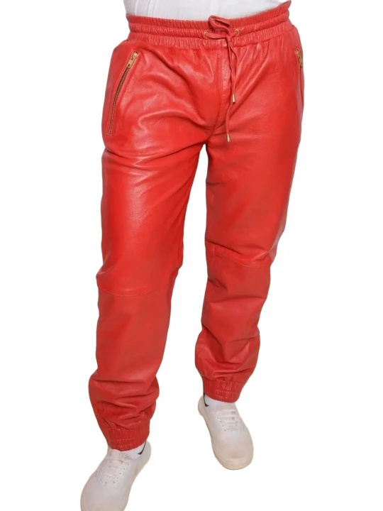 Red Leather Elasticized Waistband Trousers