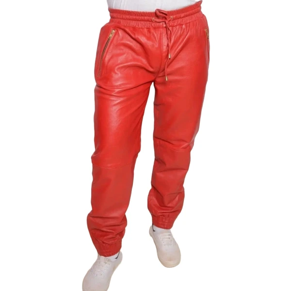 Red Leather Elasticized Waistband Trousers