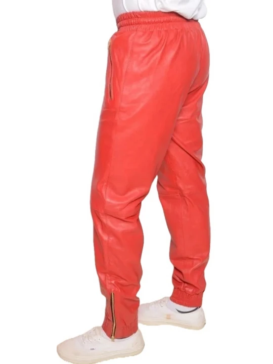 Red Leather Elasticized Waistband Trousers
