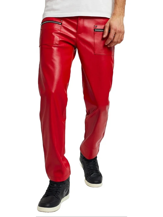 Red Leather Zip Pocket Pants