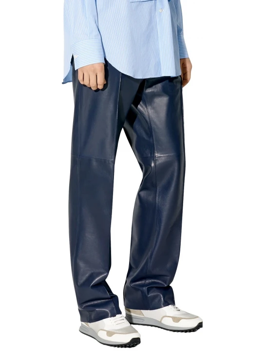 Relaxed Fit Navy Blue Leather Trousers