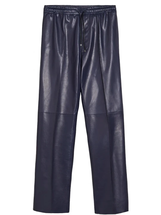 Relaxed Fit Navy Blue Leather Trousers