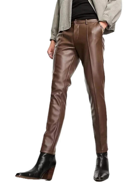Seam Detail Brown Leather Pants