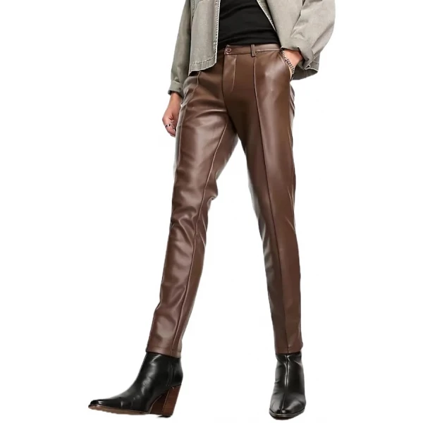 Seam Detail Brown Leather Pants
