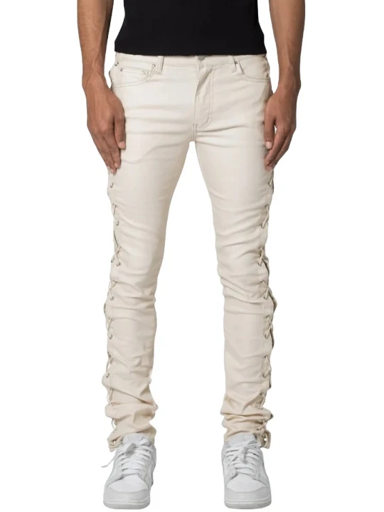 Side Lace Up Cream Leather Pants