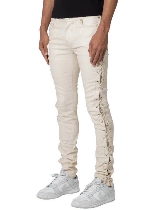 Side Lace Up Cream Leather Pants