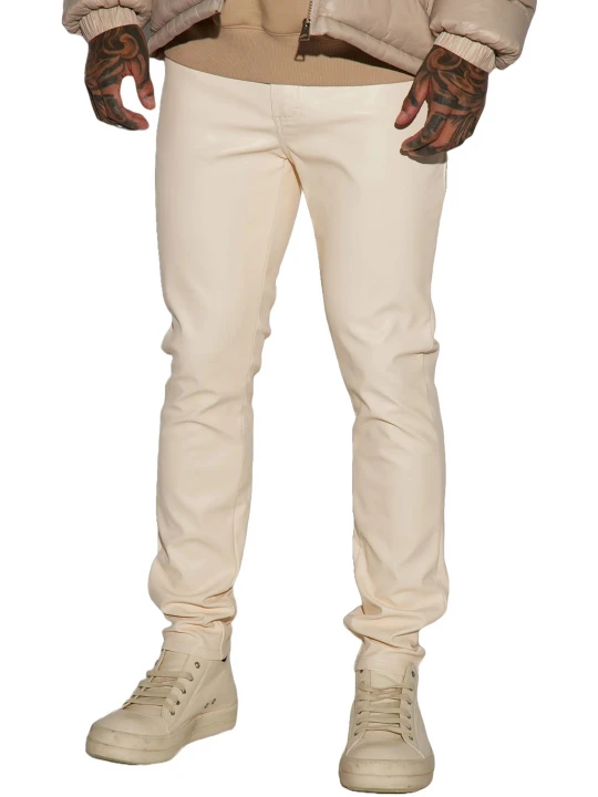 Skinny Fit Cream Leather Trouser