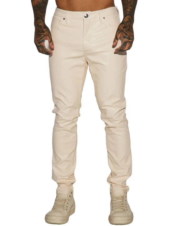 Skinny Fit Cream Leather Trouser