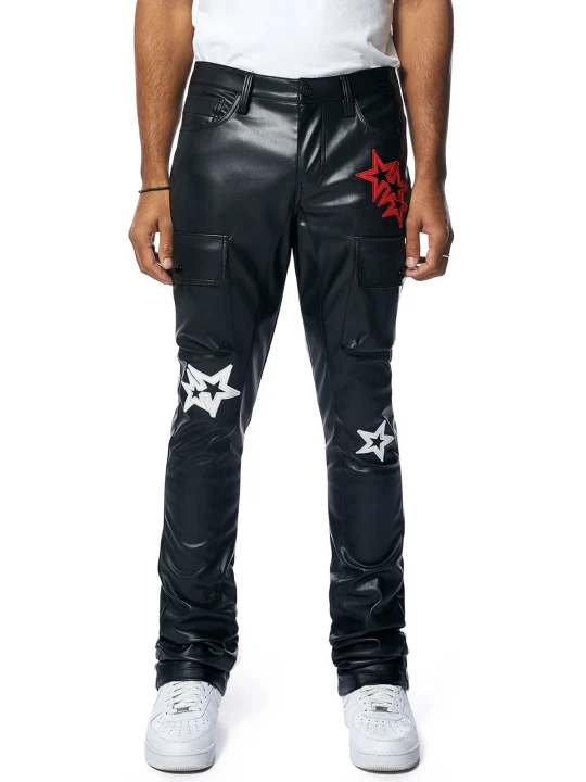 Star Patched Black Leather Pants