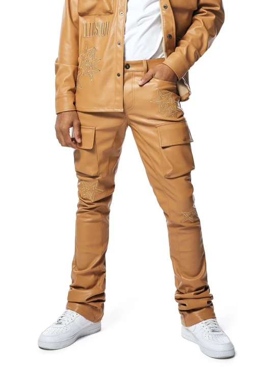Star Patched Tan Leather Pants