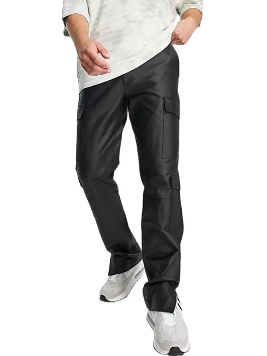 Straight Black Leather Cargo Pants