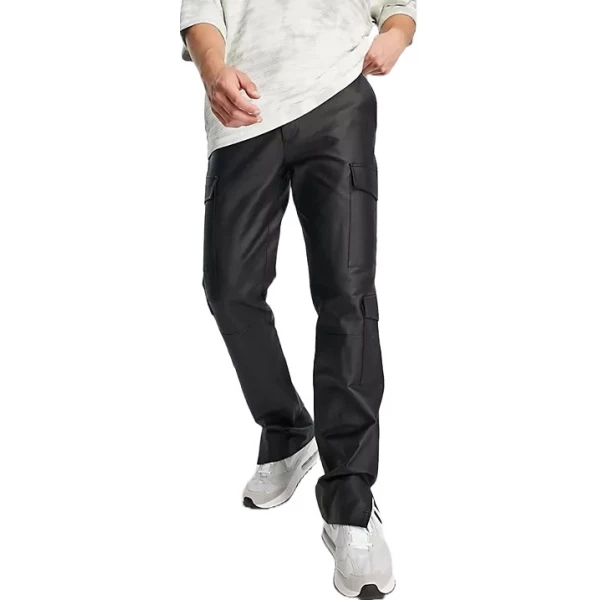 Straight Black Leather Cargo Pants