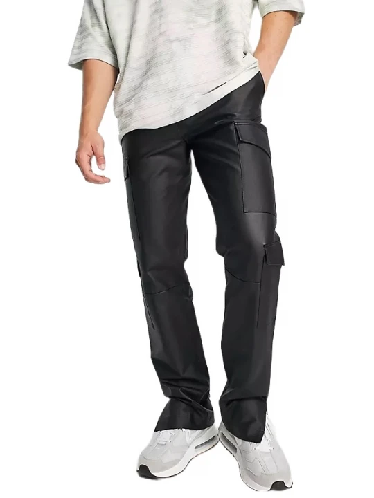 Straight Black Leather Cargo Pants