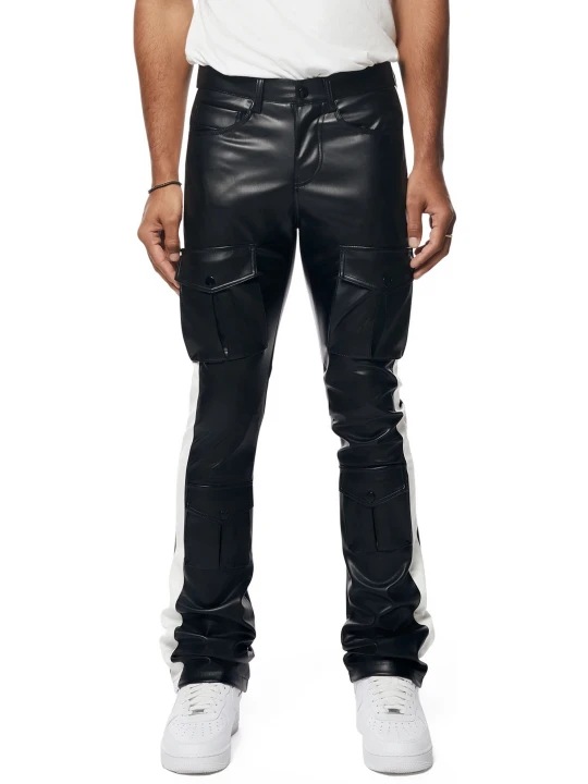 Striped Leather Black Cargo Pants