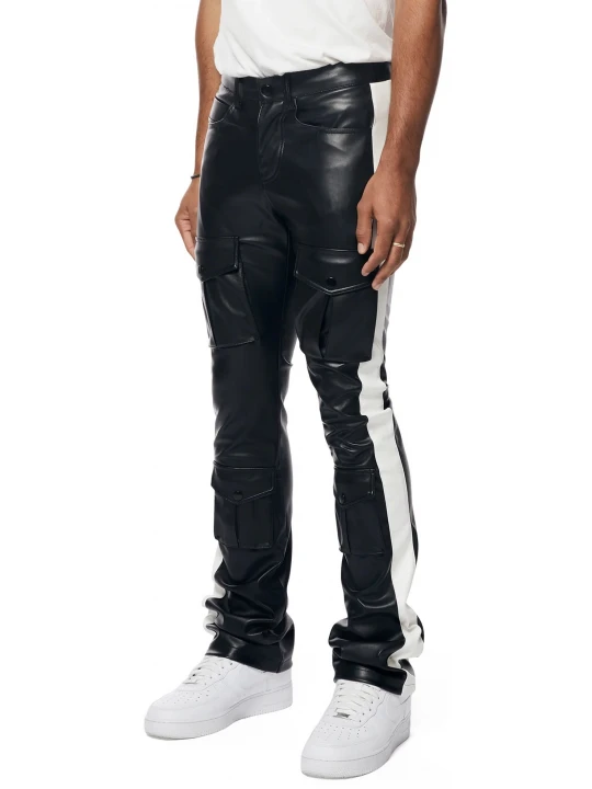 Striped Leather Black Cargo Pants