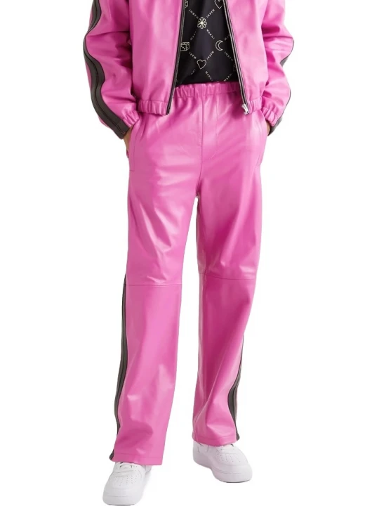 Striped Pink Leather Track Pants