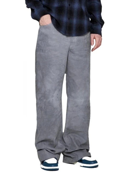 Wide Leg Grey Suede Leather Pants