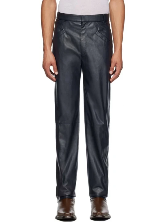 Zip Expansion Panel At Cuffs Navy Blue Leather Trouser
