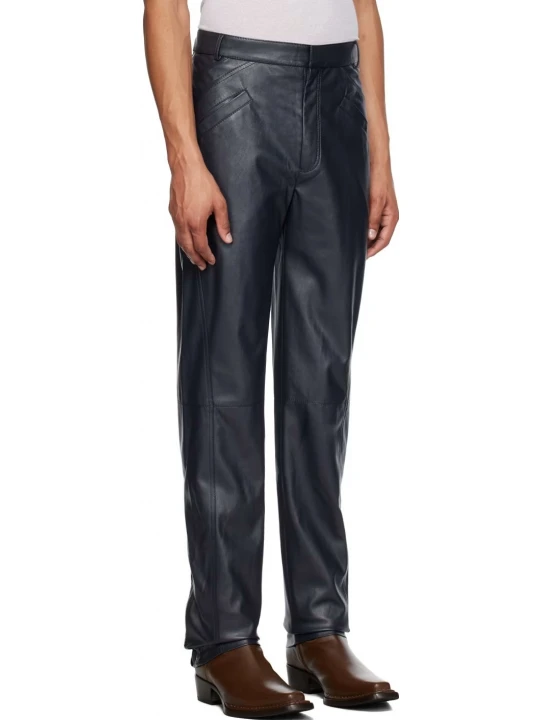Zip Expansion Panel At Cuffs Navy Blue Leather Trouser