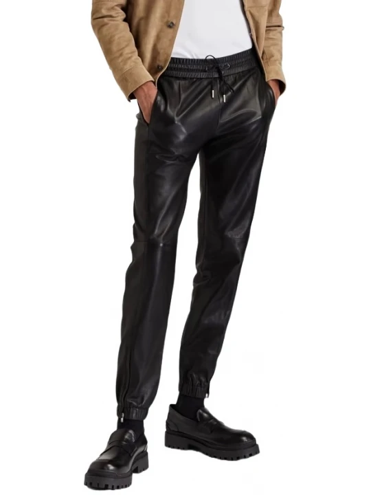Zipped Cuffs Black Leather Joggers Pants