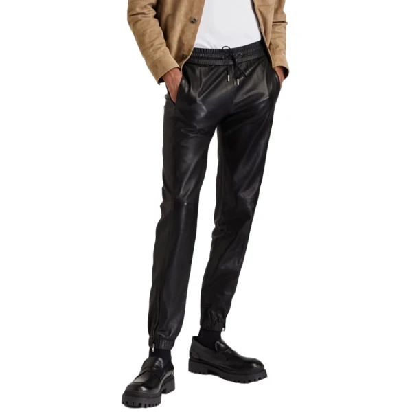 Zipped Cuffs Black Leather Joggers Pants