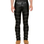 Zippered Front Pure Black Leather Skinny Pants for Men