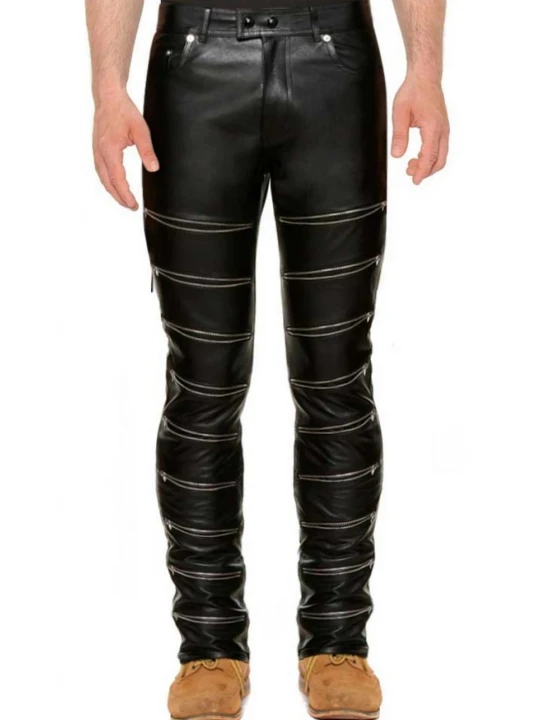 Zippered Front Pure Black Leather Skinny Pants for Men